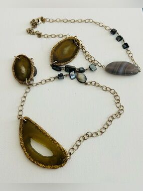 Chico’s Gold-Edged Olive Agate Long Necklace with Gray Bead Accents